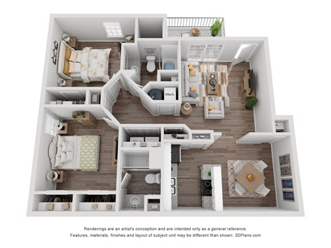 Floor plan for 2 beds, 2 baths, 1100 sqft